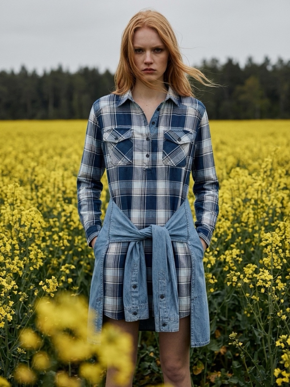 CURRENT ELLIOTT THE TWIST HIGH-LOW SHIRT-TIE PLAID DENIM DRESS SZ 2 / US SZ M